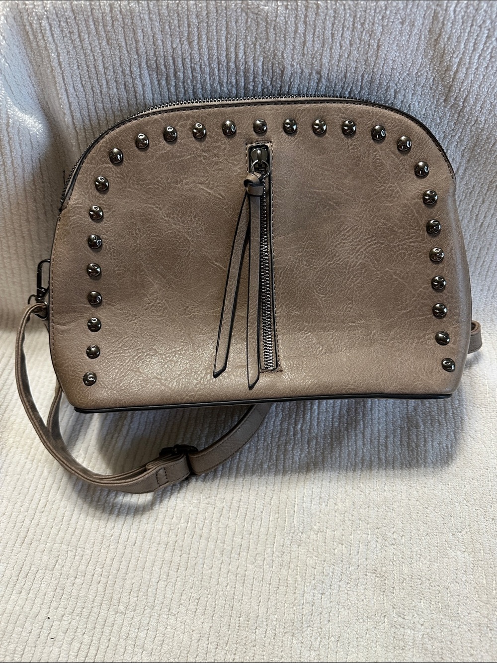 Stud-Trim Taupe Crossbody with Front Zip Pull